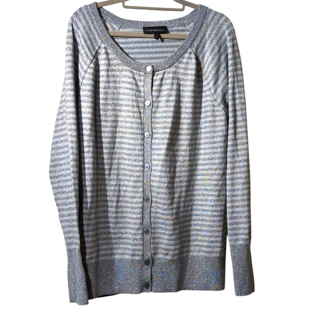 Lane Bryant Silver Metallic Striped Cardigan Wide Ribbed Hem and Cuffs Sz 18-20
